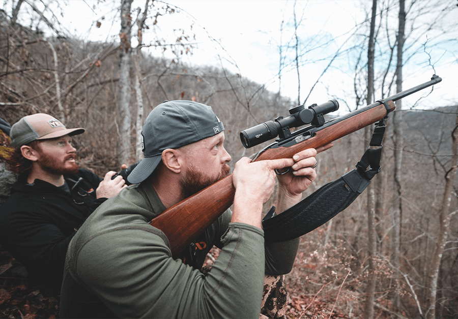 Jared Gortsema, from Bowga Hunting, sights his rifle on a treed black bear.