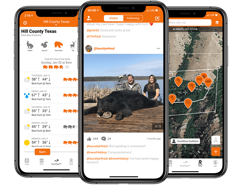 Screenshots of the HuntWise app used for black bear hunts.