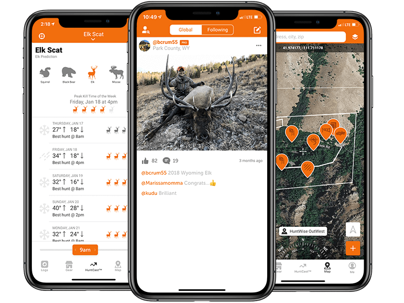 Screenshots of the HuntWise app to hunt elk. 