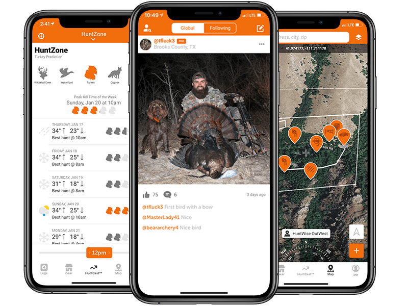 Screenshots of the HuntWise app for hunting turkey. 