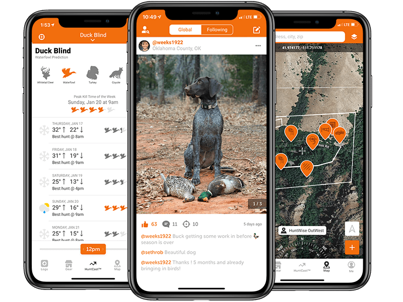 Images of the HuntWise app showing insights into waterfowl hunting. 