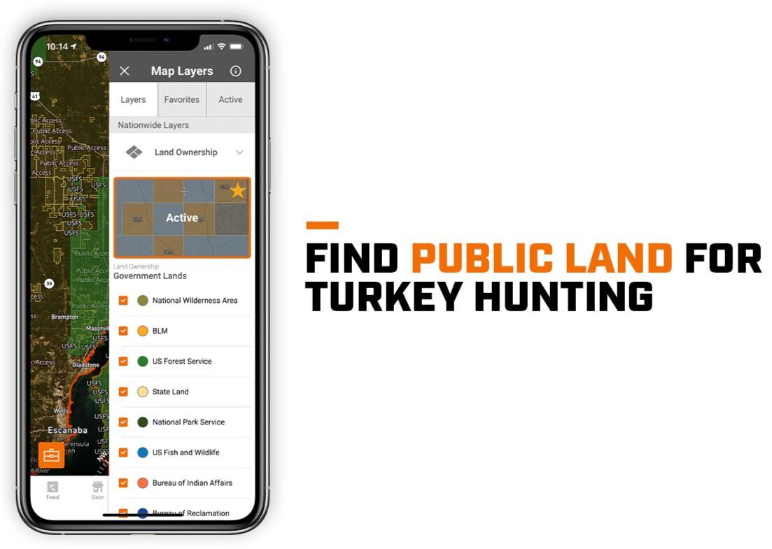 Screen shot of HuntWise app to find public land for turkey hunting. 