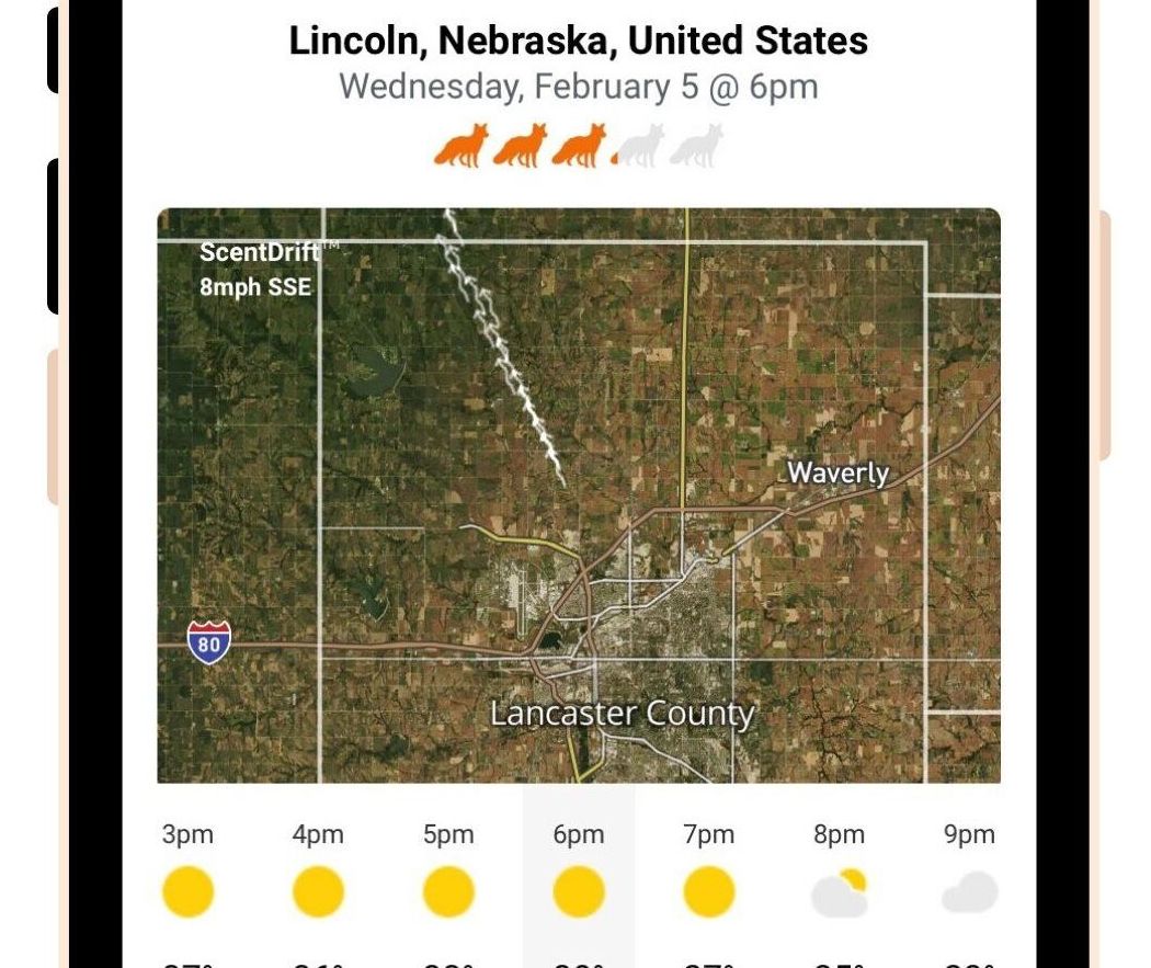 Screenshot of the HuntWise app forecasting the best times to hunt coyote.