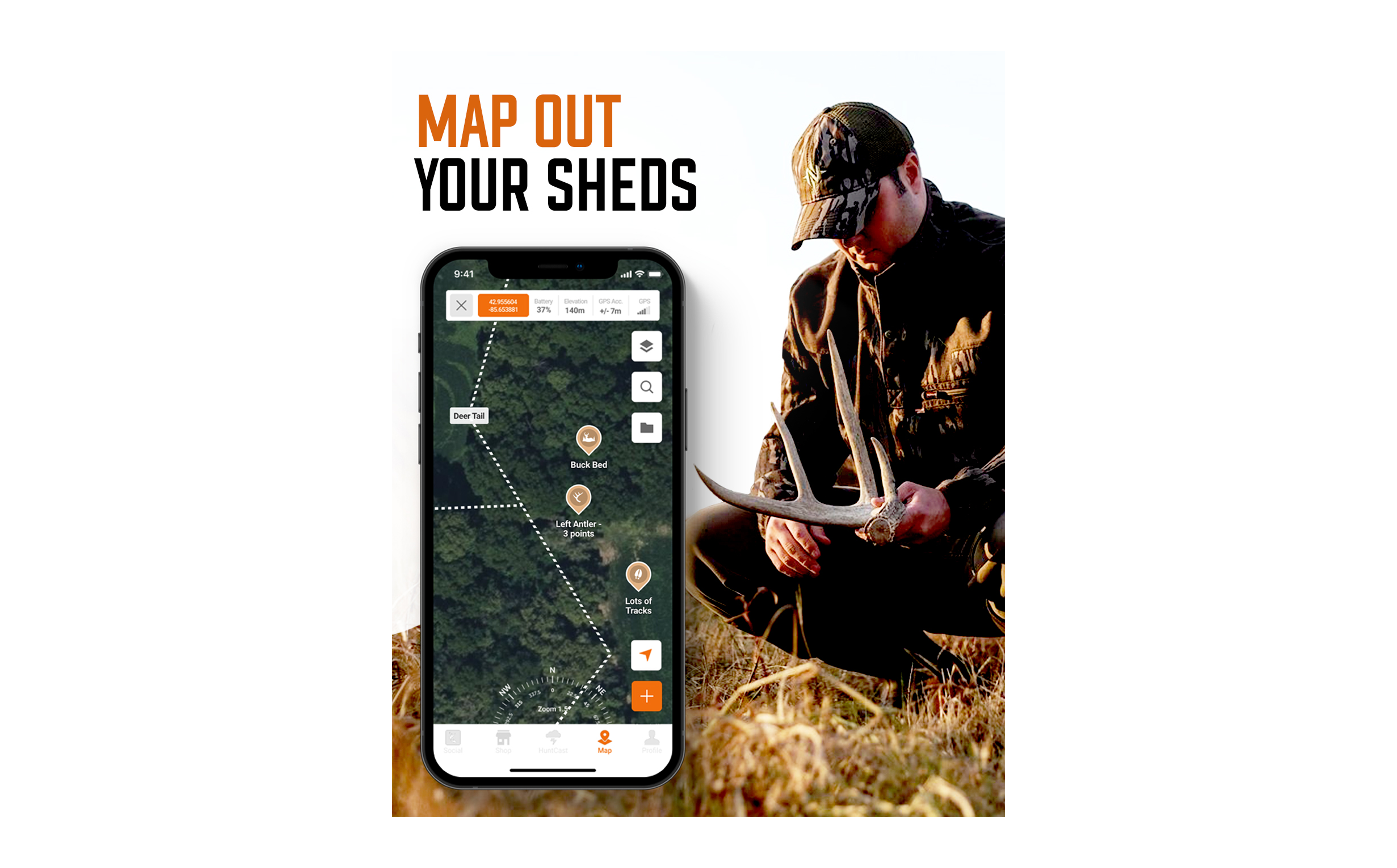 Screenshot of mapping out your sheds in the HuntWise app, shed hunting concept. 