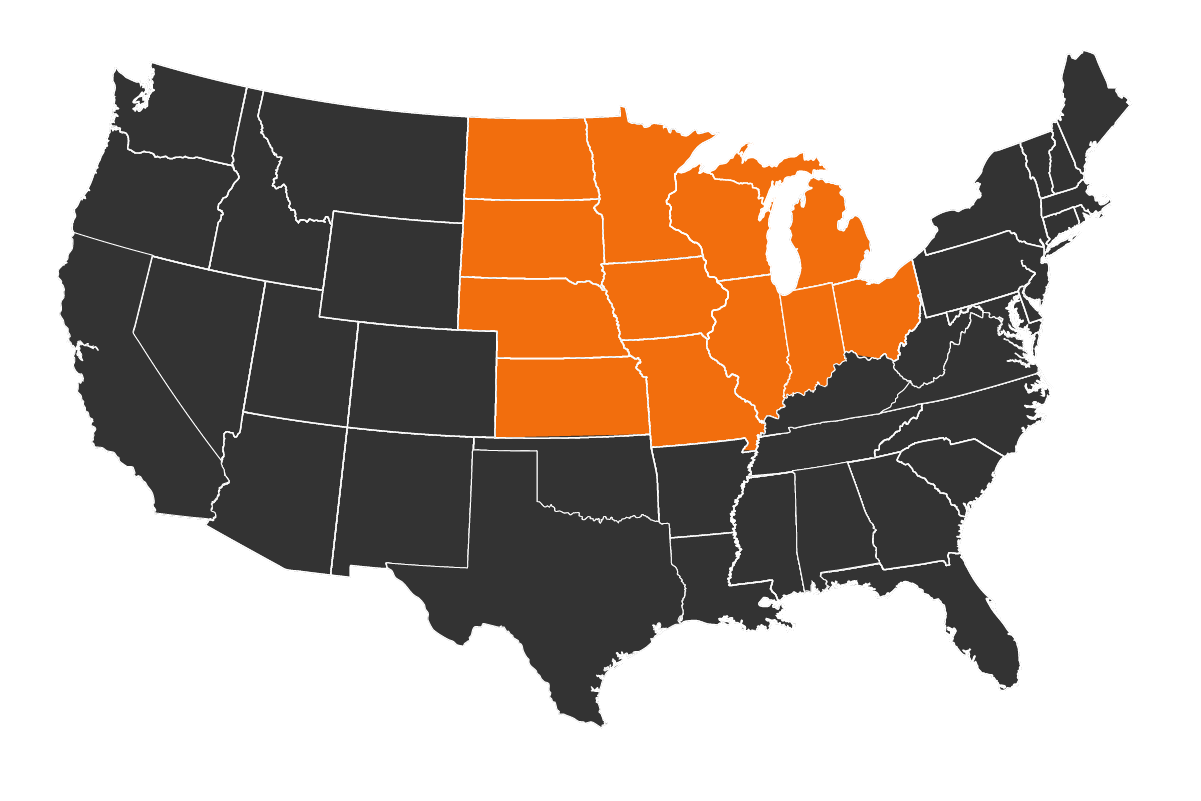 Map graphic of the Midwest Hunt Region for shed hunting. 