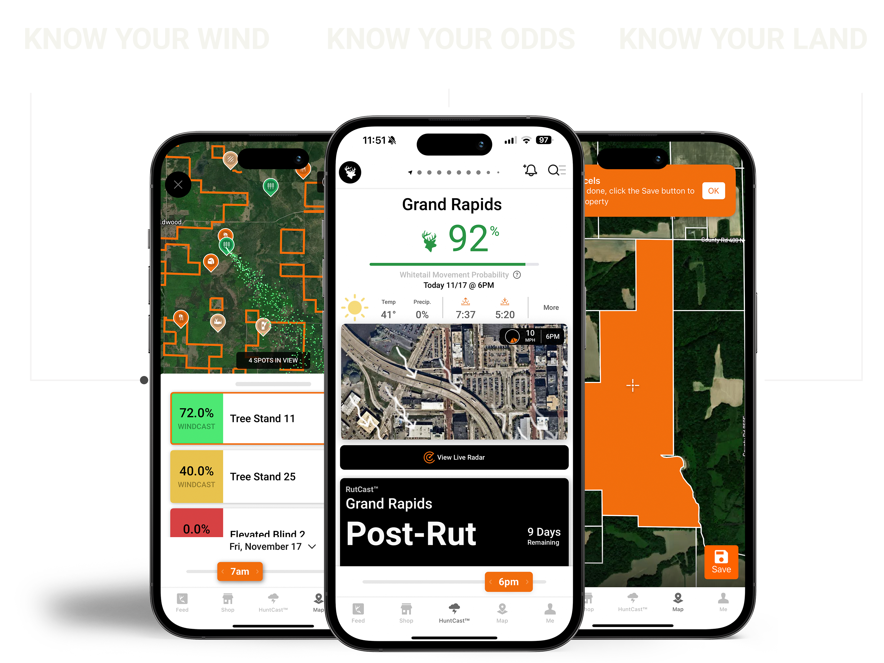 The HuntWise app on phone screens, stalk the rut concept. 