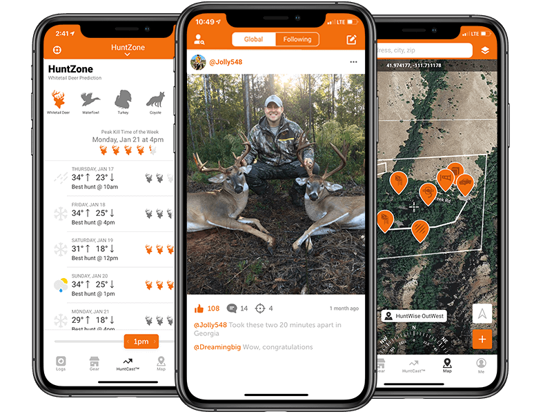 HuntWise app screens for whitetail trophy bucks.