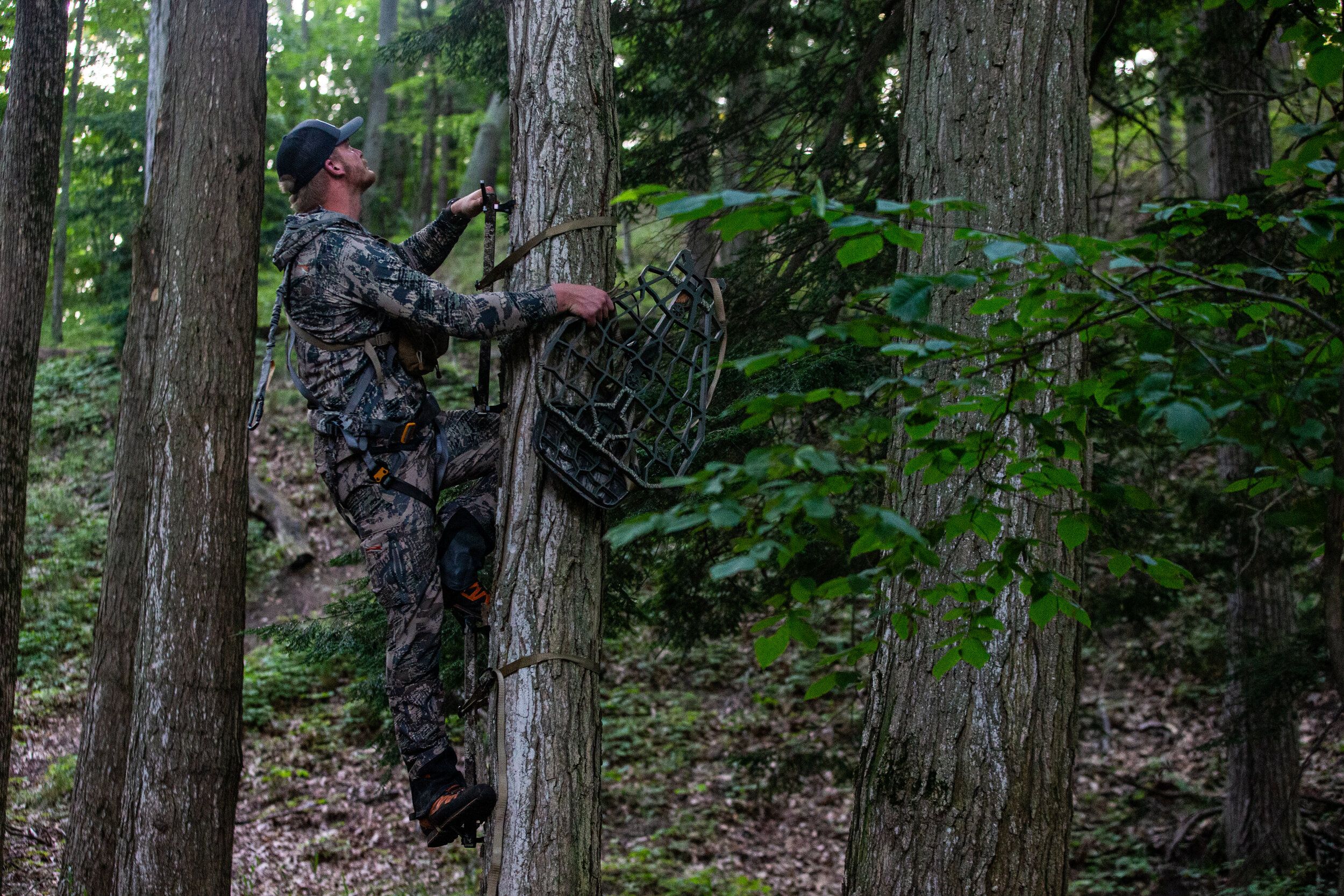 A hunter climbs a tree with a tree stand in hand, hunting big bucks in thickets concept. 