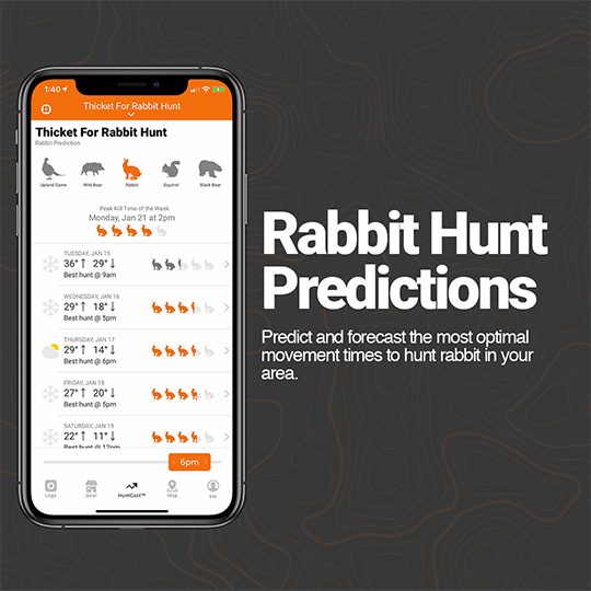 Graphic of the HuntWise app with text "Rabbit Hunt Predictions" for rabbit hunting. 