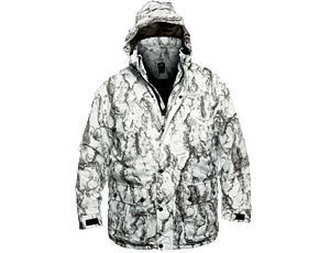 A parka with winter camo pattern, winter squirrel hunting concept. 